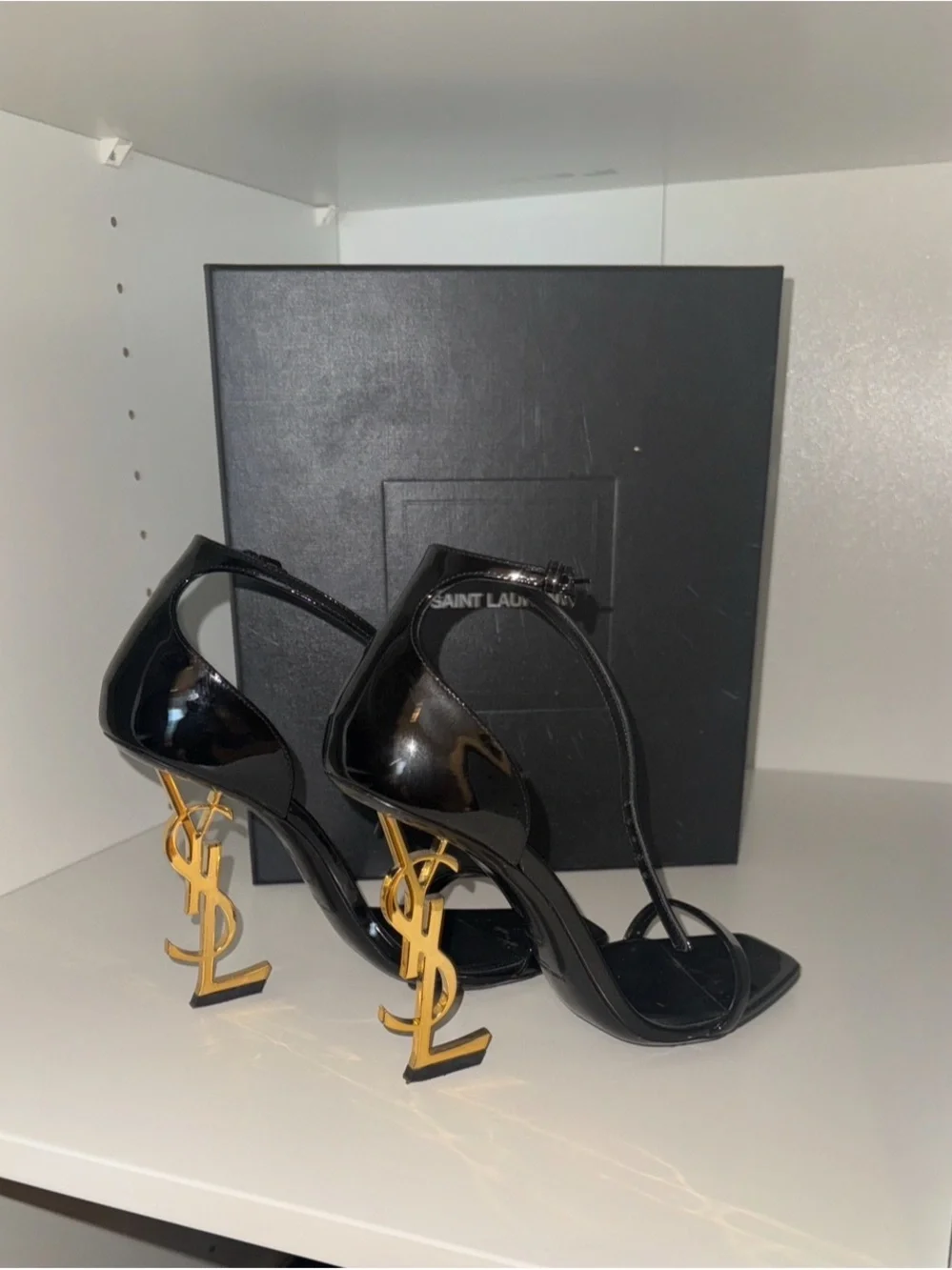Saint Laurent Black Patent Leather Stiletto Sandals with Gold Accent - Picture 3 of 9